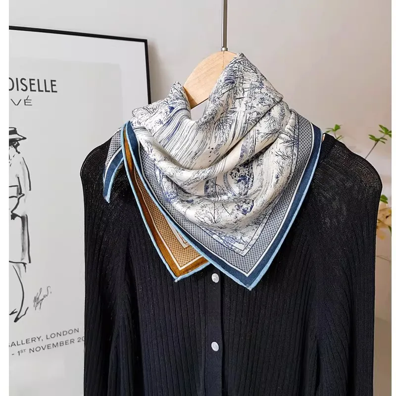 Women's Double Sided 70% Wool 30% Silk Square Scarf Vintage Landscape Print Bandana Soft Neck Shawl Elegant Neck Wrap