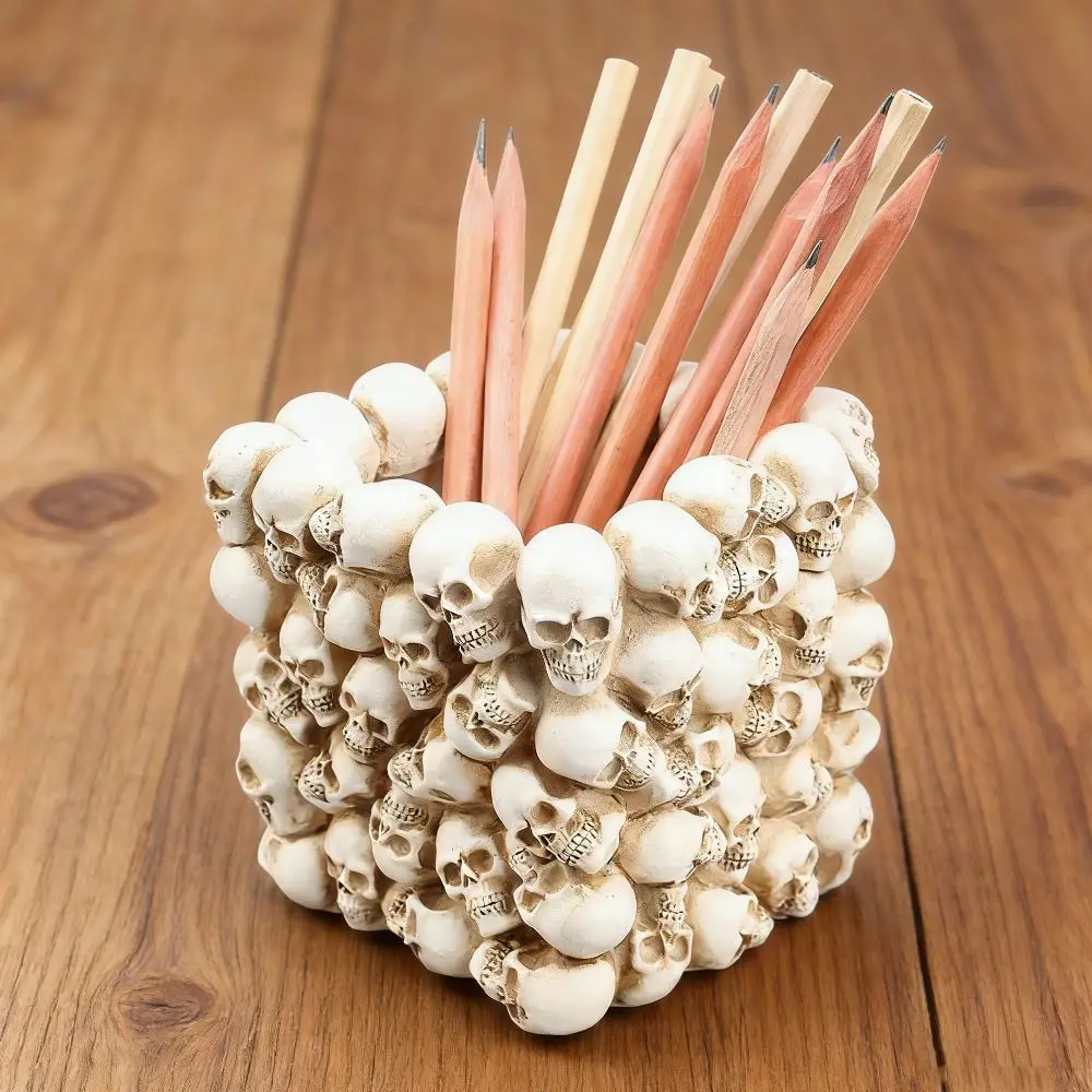 Square Mini Skull Head Pen Holder, Desktop Storage Container, Resin Small Flower Pot, Gothic Decor for Home Office Garden Use