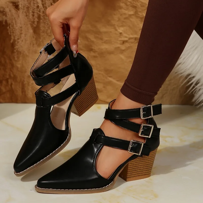 2024 Fashion Women's Shoes Back Zip Women's Boots New Belt Buckle Office and Career Summer Baotou Plus Size Solid Heels Women