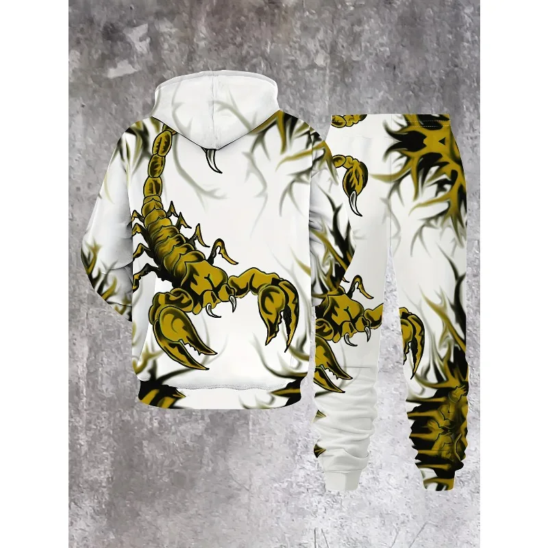 Masculino 3D Branco Tigre Escorpião Impresso Moda Sportswear Primavera e Outono Casual Calças Com Capuz Conjunto de Duas Peças