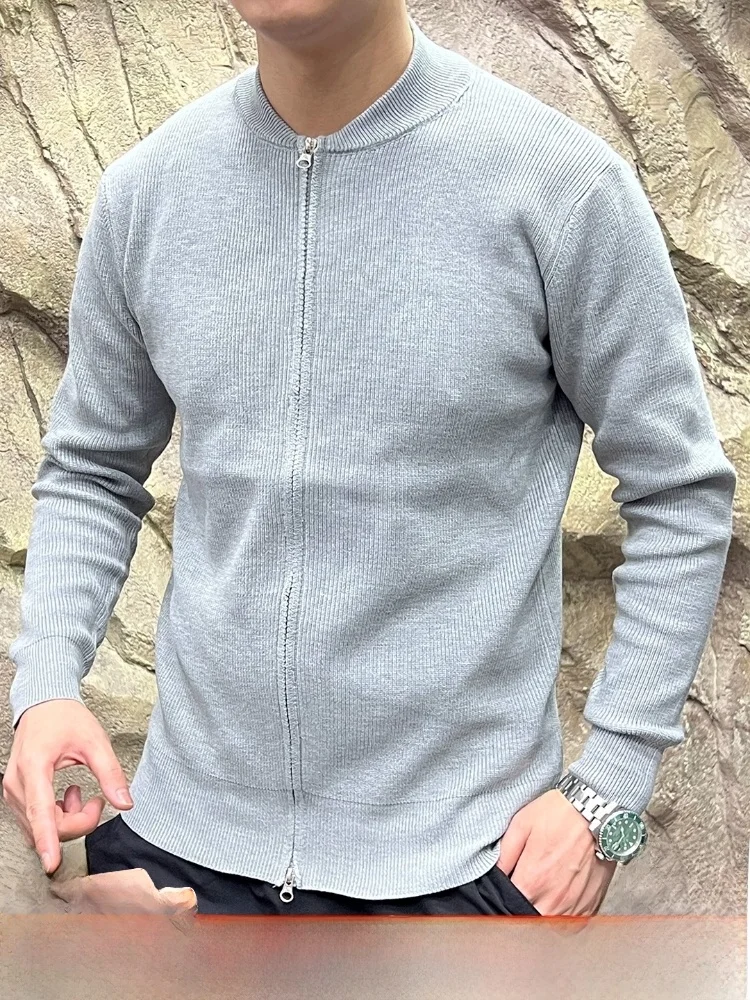 

Laid-ba Preppy Sle Мужской вязаный кардиган Пальто с двойной молнией Чистый цвет Мягкое полиэфирное волокно Длинный све Бейсбольный воротник Sw...