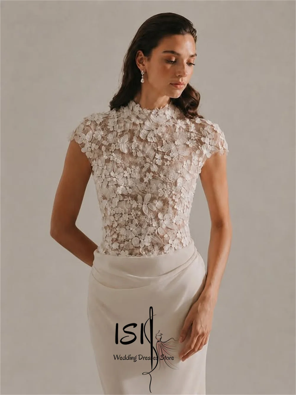 ISI Delicate Mermaid Wedding Dresses for Women Appliques Satin O-Neck Pleat Bridal Gown Vestidos De Novia Customized ﻿