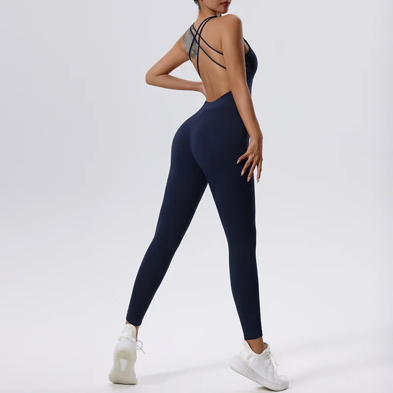 Women Yoga All in One Bodycon Jumpsuits Fitness Jumpsuits Sports Bodysuit Training Rompers Backless Gym One Piece Workout Sets