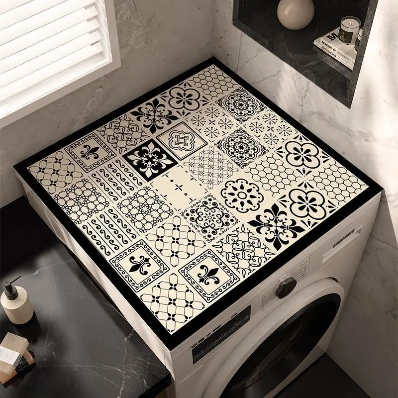 VIKAMA Monochrome Tile Mosaic Washing Machine Top Mat Floral Patchwork Pattern Frame Water Resistant Non Slip Kitchen Balcony