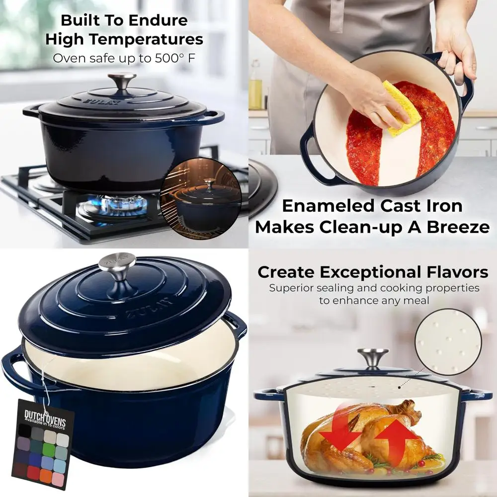 

Lapis Lazuli 6-Quart Enamel-Covered Cast Iron Dutch Oven - Durable, Oven-Safe to 500°F, Ideal for Baking, Stews, Braising, and R