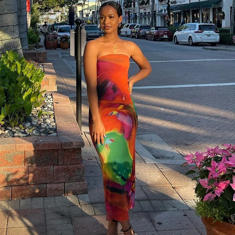 

STYLISH LADY Tie Dye Printed Strapless Dress 2025 Summer Women Sleeveless Bodycon Sexy Club Beach Holiday Maxi Vestidos De Festa