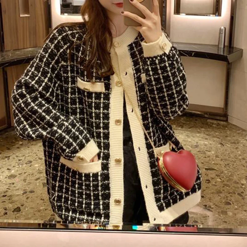 Women\'s Clothing Autumn New Checker Contrast Loose Fit Sweater Jacket Laziness Patchwork Button Long Sleeve Cardigan Knitted