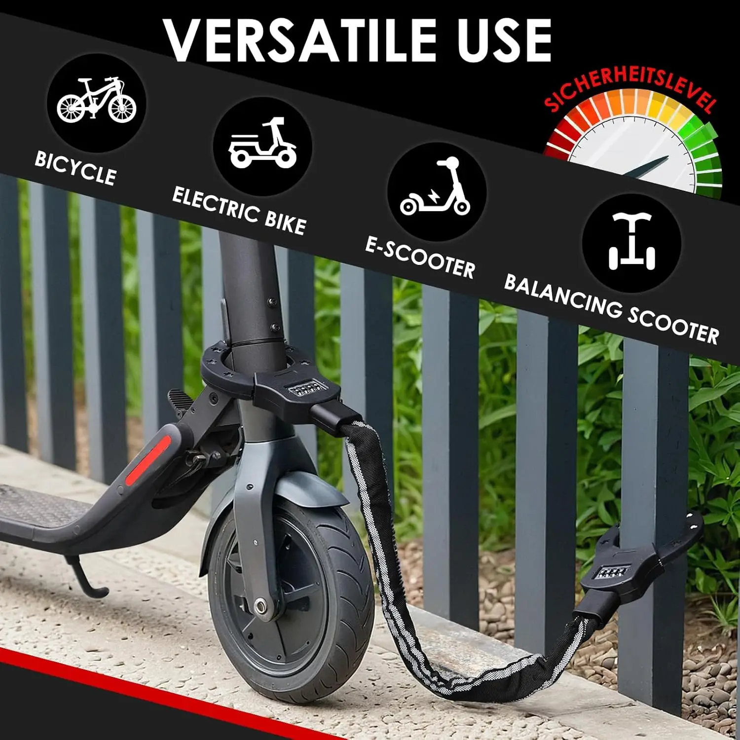 Sicherheitsschlösser, Kettenglied-Handschellenschloss, 93 cm langes E-Scooterschloss mit Zahlencode und 3 l wasserdichter Tasche, Schwarz
