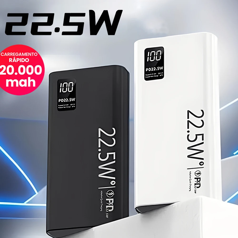 Power Bank Portátil 20000mAh com Tela LCD, Carregamento Rápido, 2 Saídas USB para Celular e Tablet em Viagem