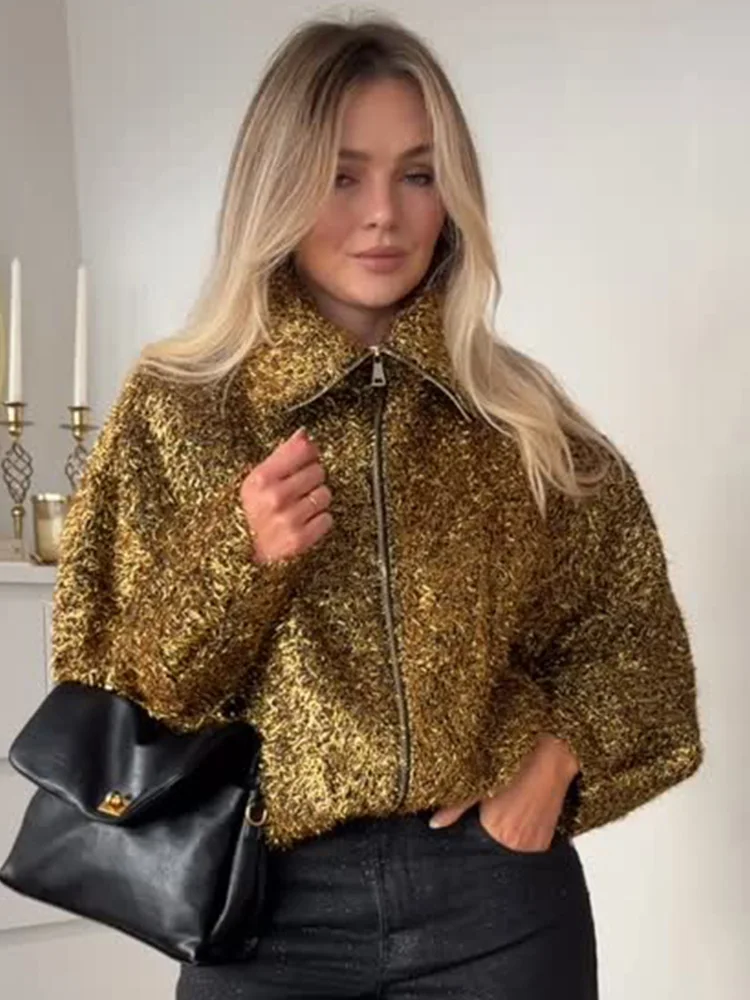 

HH Women Autumn Fashion Metallic Color Line Turn-down Collar Long Sleeve Jacket Female Casual Zipper Pockets Pilot Coat Mujer