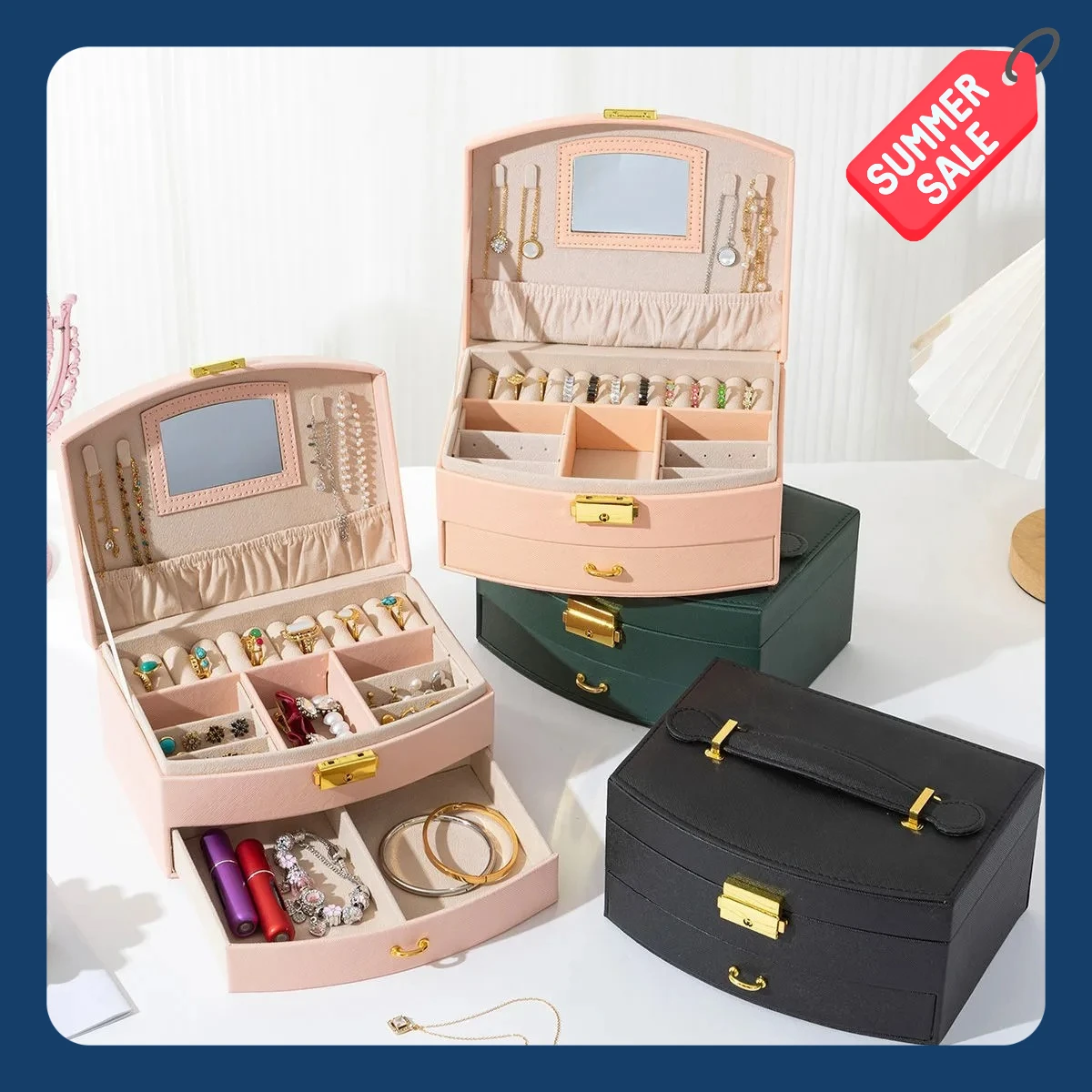 

Best-selling Portable Women's Jewelry Storage Box, Home Double-Layer Large-Capacity Ring, Earring and Bracelet Leather Organizer