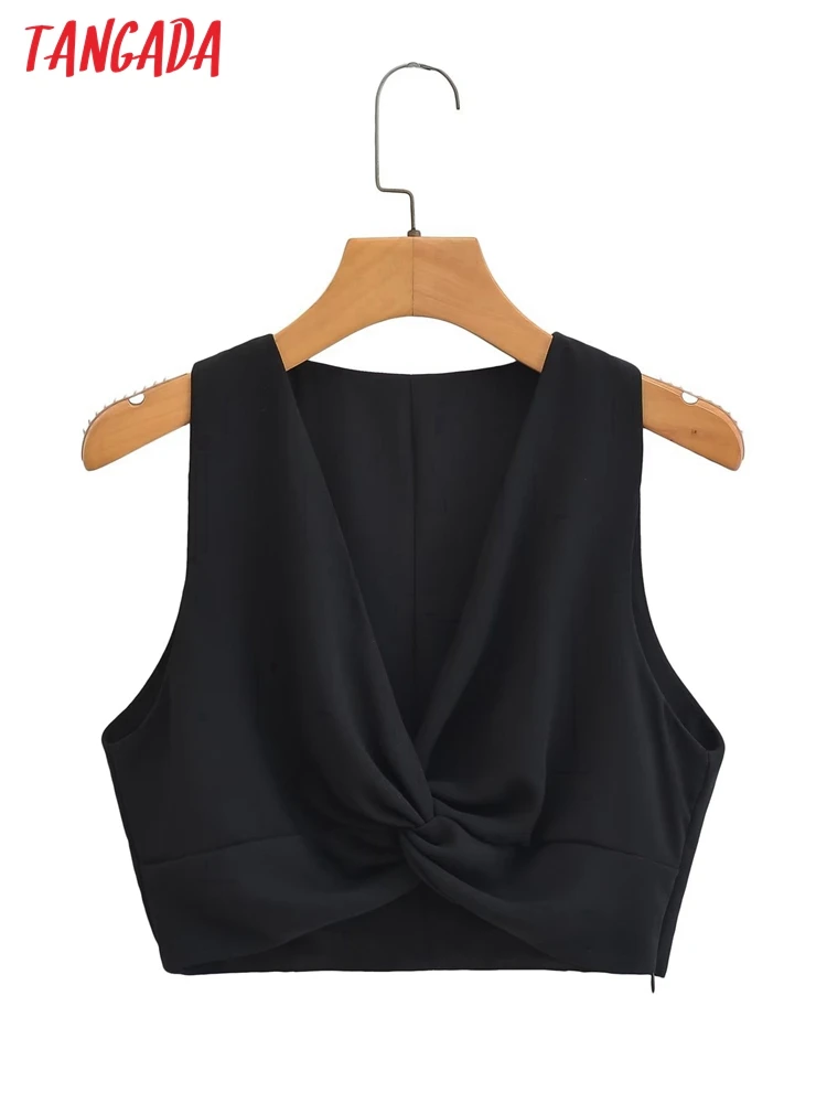 Tangada 2023 Summer Women Black Bow Camis Crop Tank Top Sleeveless Zipper Shirts AI01