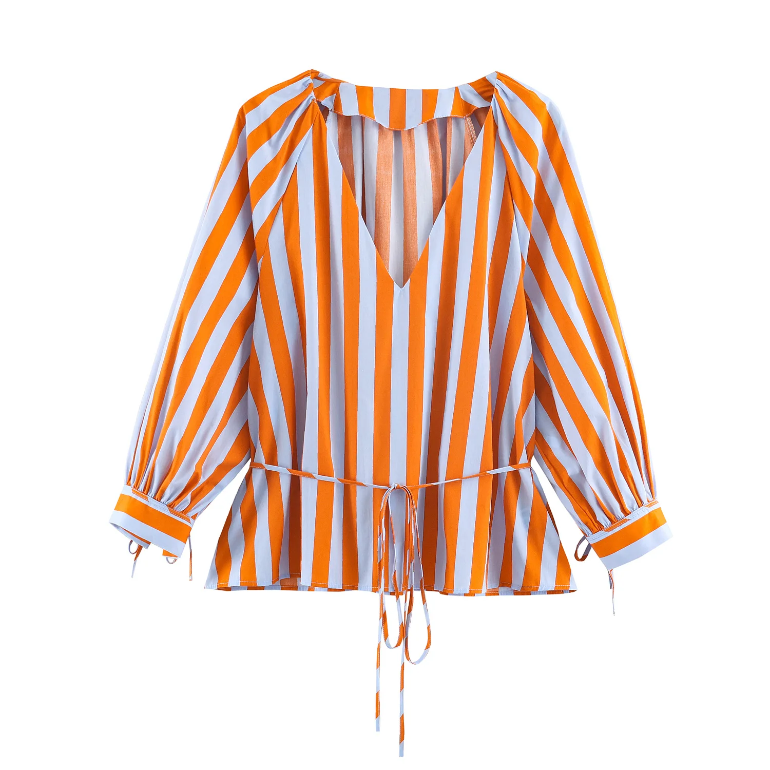 KLKXMYT Damenmode Gestreifte Hemden & Blusen Tops Elegante Schicke Hemden Damenbluse mit gebundenem V-Ausschnitt Herbst-Top mit Handgelenksärmeln ﻿ ﻿ – Detail 4