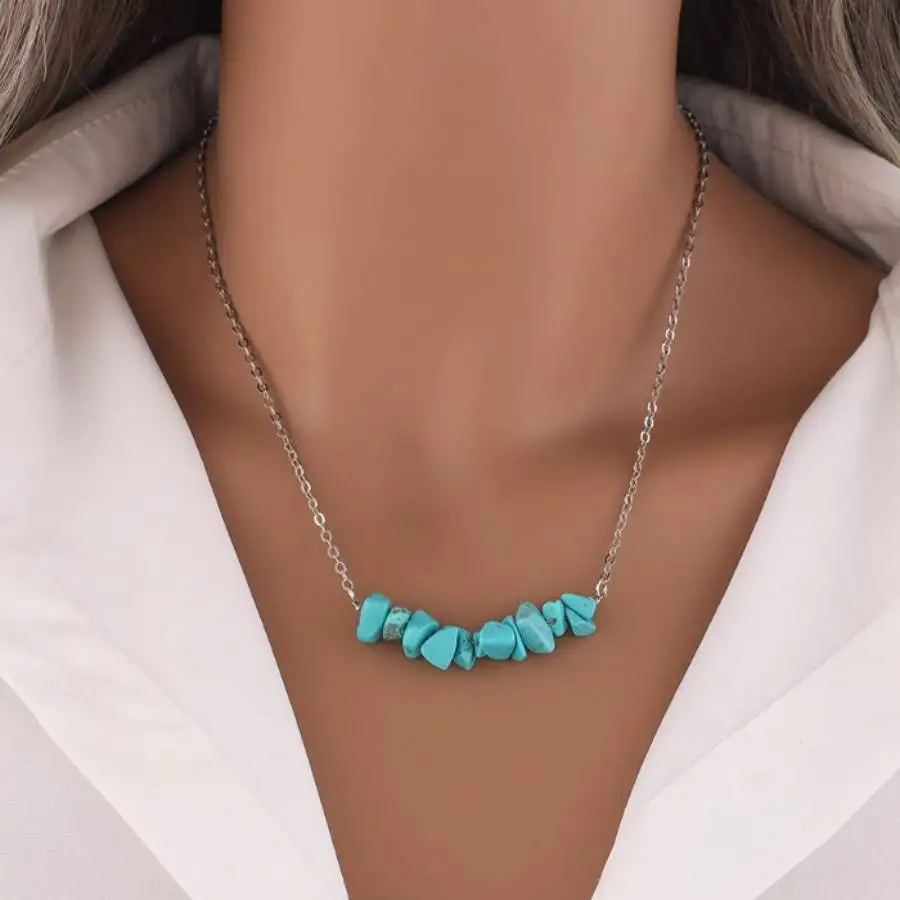 Natural Turquoise Chip Bead Smile Necklace Women's 925 Sterling Silver Chain Jewelry