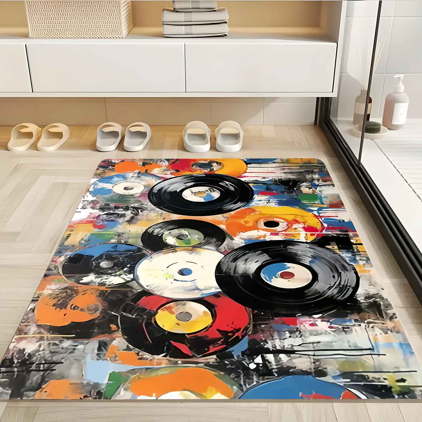Retro Vinyl Record Player Flannel Rug Colorful Graffiti Music Theme Floor Mat Anti-slip Soft Area Rug for Living Room Bedroom