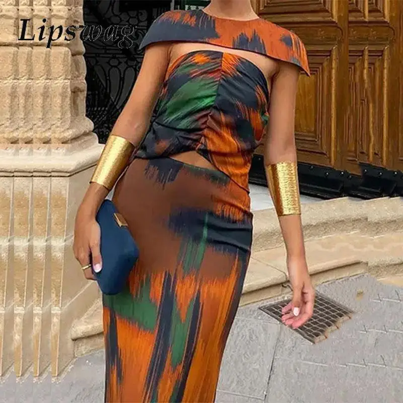 

Elegant Folds O-neck Party Dress 2024 Chic Graphic French Shawl Evening Dress Women Fashion Hollow Slim Tube Tops Maxi Dress