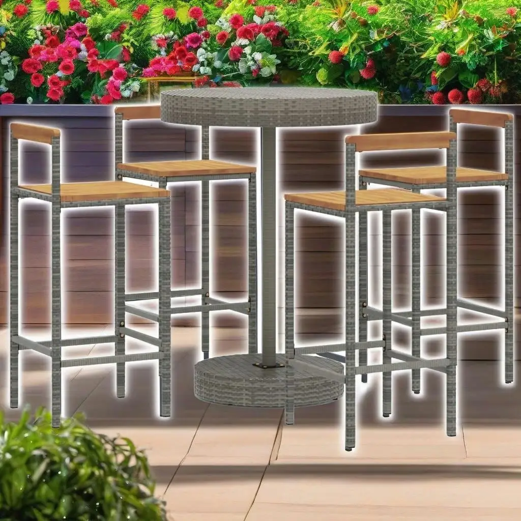 5-Piece Gray Poly Rattan & Acacia Wood Patio Bar Set - Stylish Outdoor Furniture