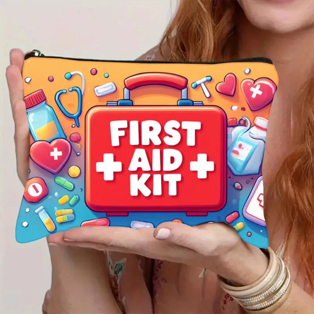 1Pc Cpr Guide Cartoon First Aid Kit Design Makeup Bag, Snack Storage Bag, Stationery Storage Bag, Canvas Double-Sided Printed Bag