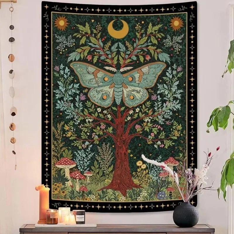 Moon Moth Tapestry Dark Green Botanical Mushroom Tree of Life Crescent Moon Wall Hanging Mystical Wall Art Dorm Decor