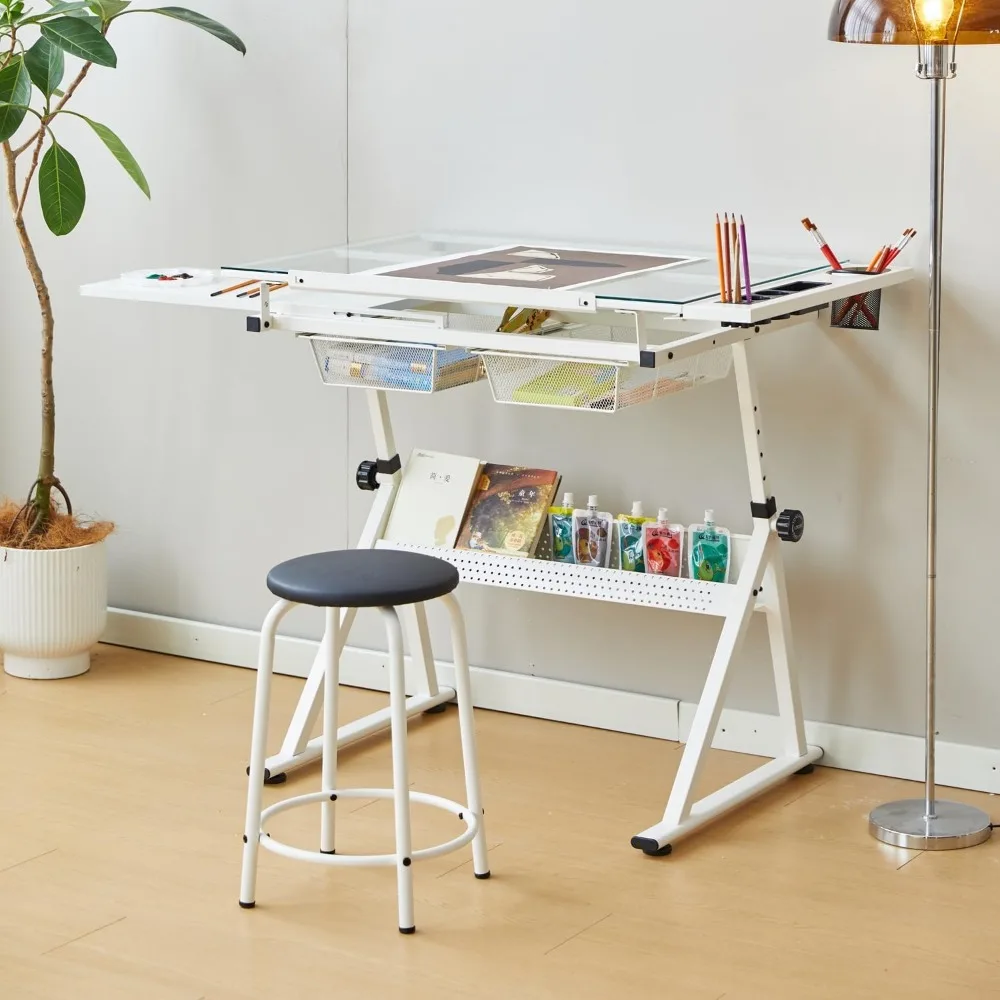 Adjustable Height Art Desk with Tilting Glass Tabletop and Multi-Storage for Sketching and Drawing