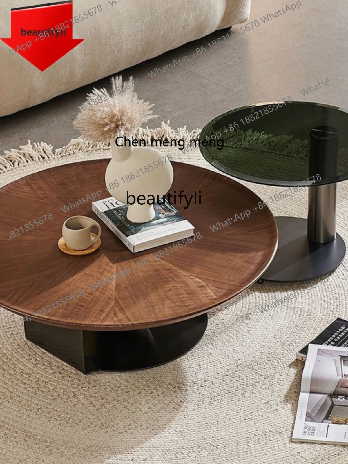 

E153 Wabi-sabi style minimalist solid wood round coffee table light luxury simple living room home small apartment