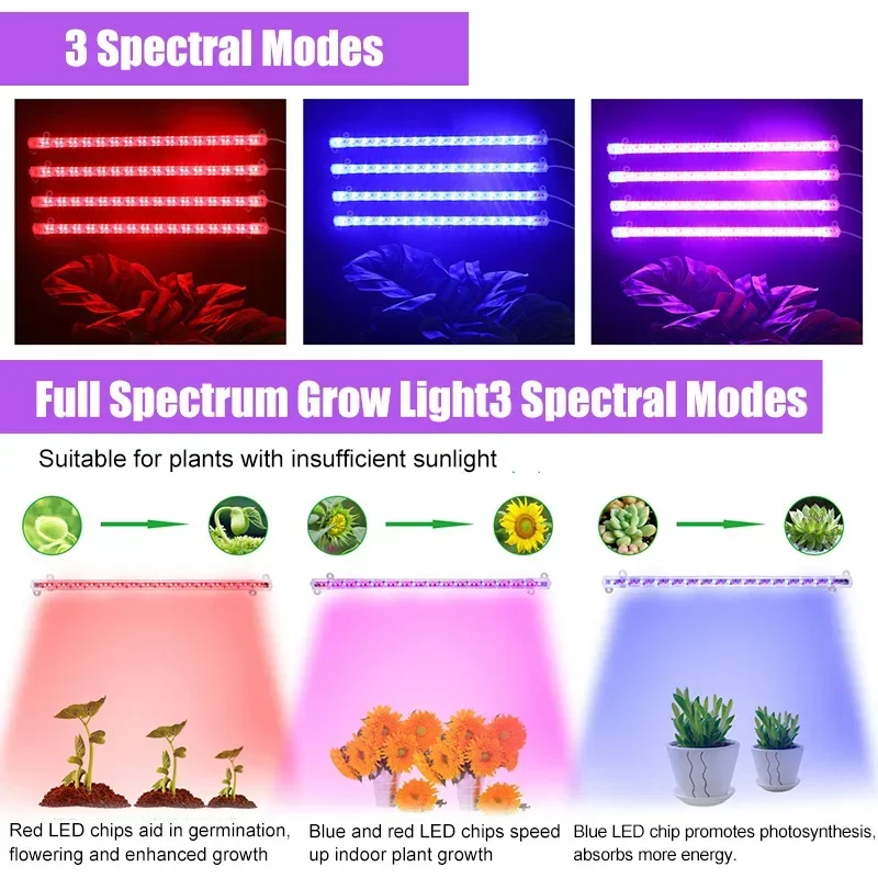 LED Grow Light com Temporizador, Mudas Reguláveis, Lâmpada Flor, Bar Strips para Plantas de Interior, Espectro Completo, USB Phyto Lamp, Vermelho, Azul, 1, 2, 3, 4