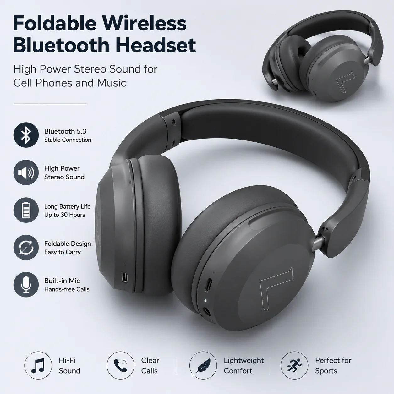 Foldable Wireless Bluetooth Headset Over Ear Sports Headphones High Power Stereo Sound for Cell Phones and Music — product photo 1 of 1