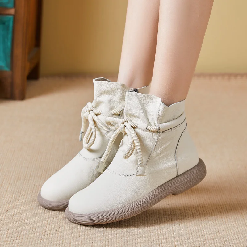 

Весенне-осенние короткие сапоги в стиле ретро из натуральной кожи, шерстяные теплые короткие нескользящие туфли на плоской подошве до икры