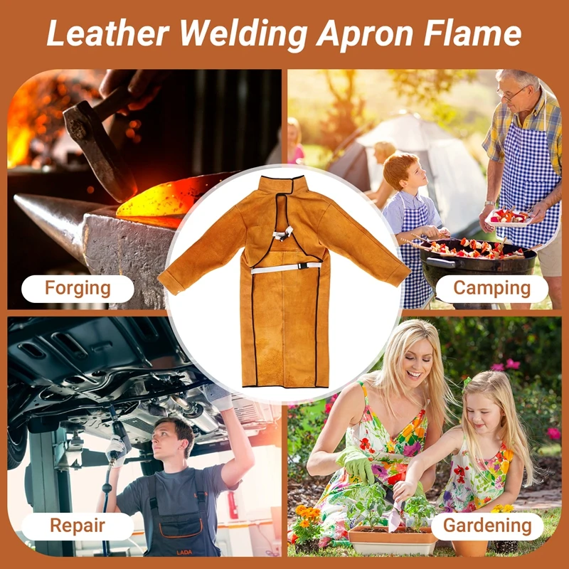 120Cm Welding Apron Flame Retardant Long Sleeve Welder Protective Clothing Split Leather Fire-Resistant