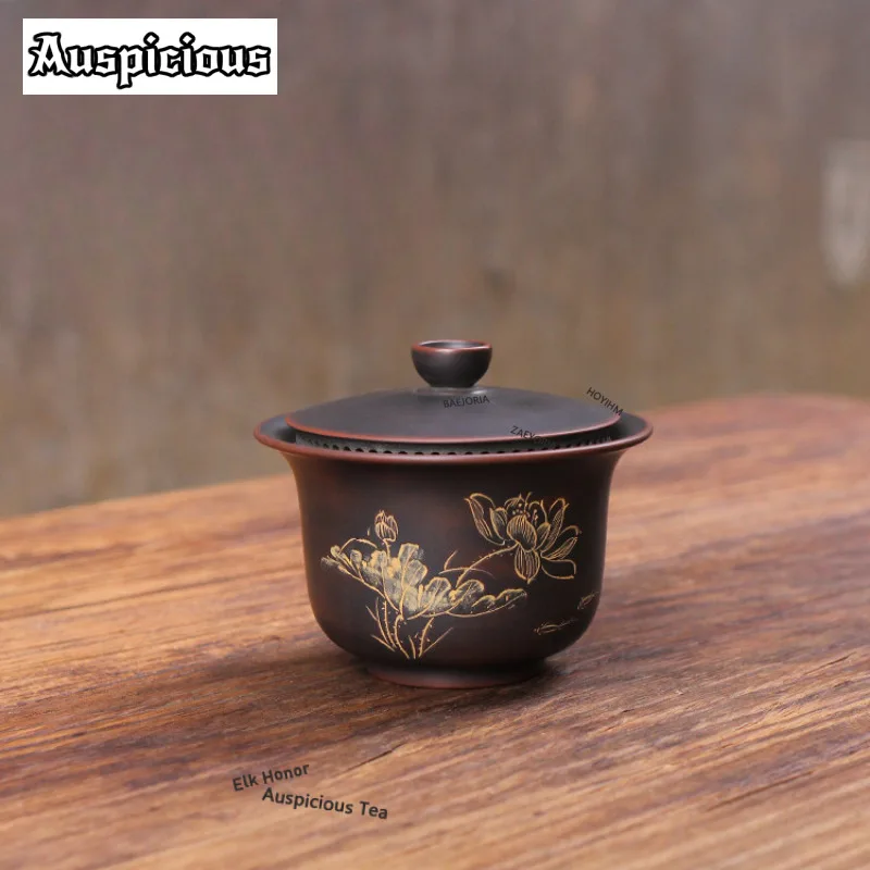 ZAEYORIA 200ml Engraved Lotus Nixing Pottery Gaiwan Creative Tea Tureen Tea Bowl With Lid Kit Tea Making Cover Bowl Drinkware