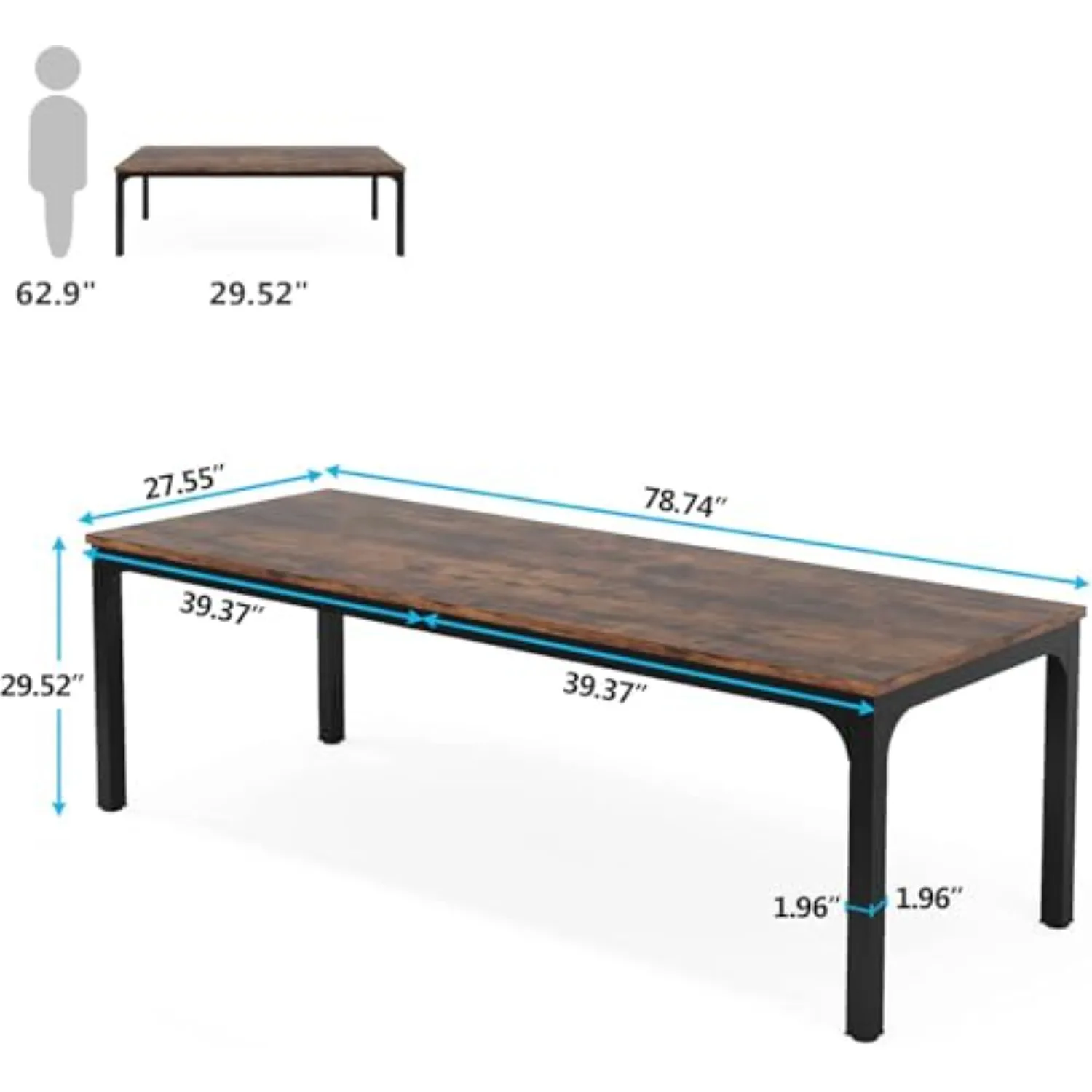 79 Inch Conference Table, Rectangular Meeting Seminar Table, Office Table with Metal Legs, Wood Computer Desk, Business
