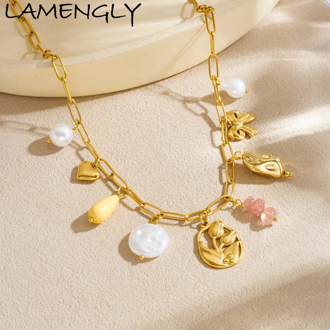 LAMENGLY 316L الفولاذ المقاوم للصدأ رومانسية زهرة الورد القلب Bowknot قلادة اللؤلؤ قلادة سيدة نوبل أنيقة سلسلة عنق مجوهرات