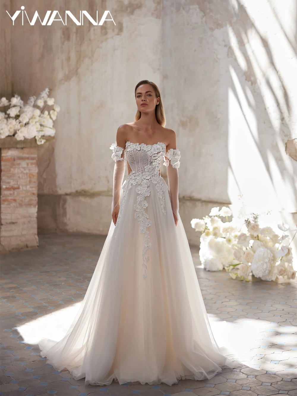 

Detachable Sleeve Lace Appliques Wedding Dress Sparkly Pearls A-line Long Bridal Gown Customized Strapless Dresses For Bride