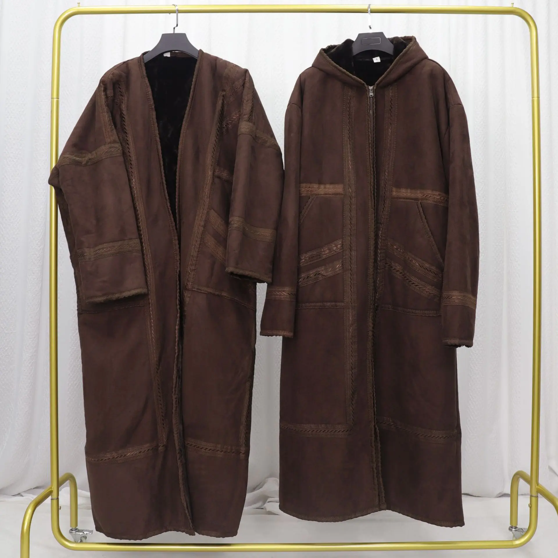 New Winter Thickened Suede Velvet Men's Muslim Long Coat for Prayer Warm Cardigan Pockets Hooded Abaya Kimono Robe Fleece Kaftan