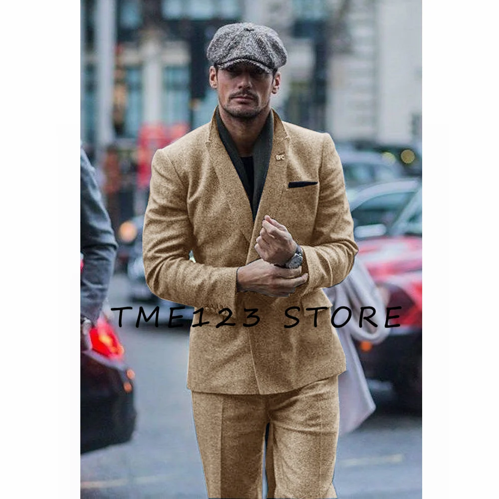 2023 Korean Autumn Dongdaemun Men\'s Woolen Two-piece Suit Business Casual V-neck Single-breasted French Street Style