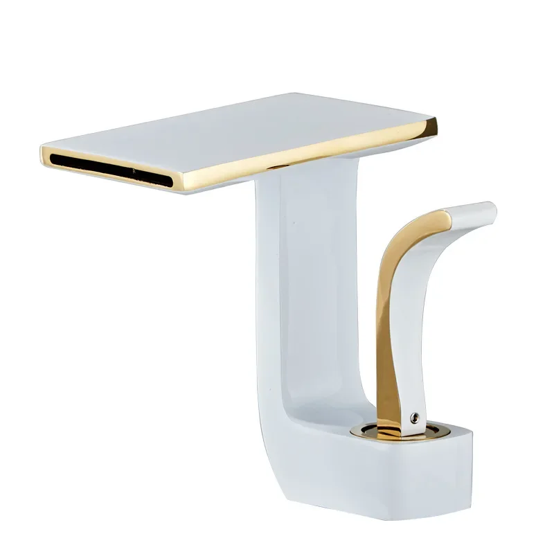 

Simple wind waterfall wash basin full copper faucet hot and cold bathroom wide mouth white bathroom cabinet washbasin household