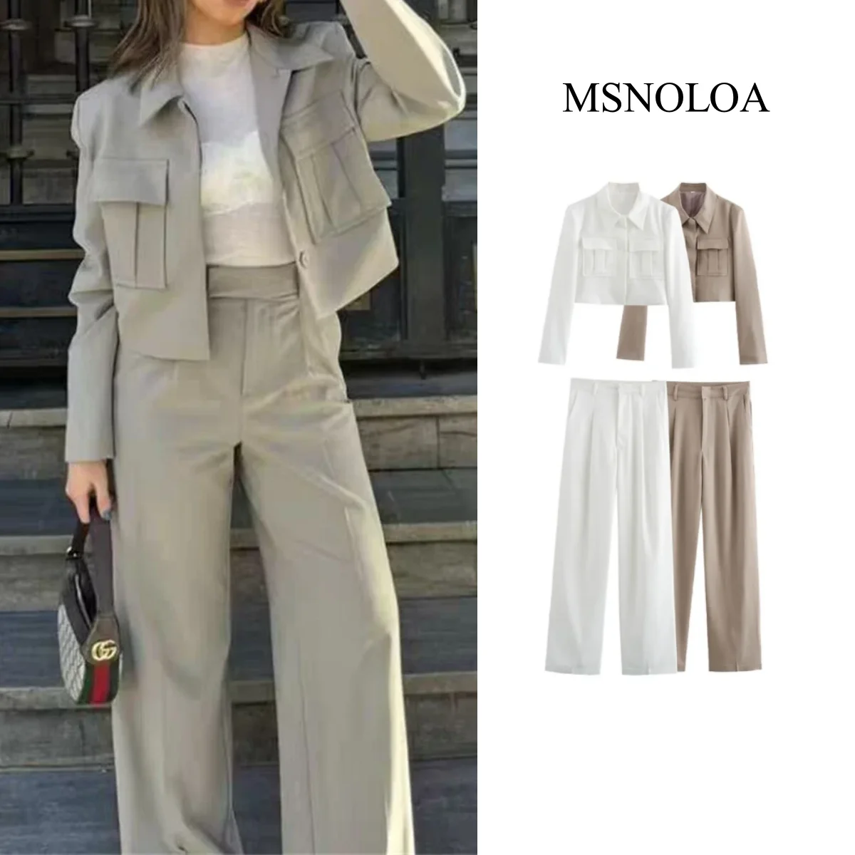 

2024 Autumn New Product Women's Fashion and Casual 2-color Double Pocket Coat High Waist Wide Leg Pants Set