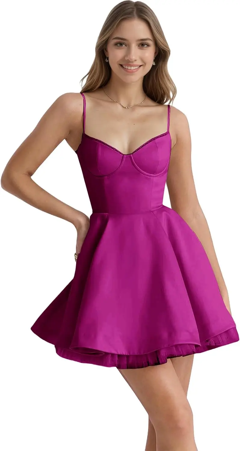 

Атласные платья для встречи выпускников на тонких бретельках 2025 для подростков, многослойное мини-коктейльное платье с двойной сеткой и карманами выше колена, мини