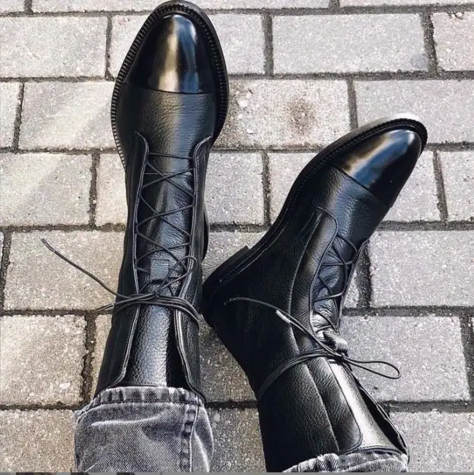 New Autumn Patent Leather Style Flat Boots Black Pointed Toe Boots Handsome Motorcycle Boots women\'s round toe lace-up flat boot