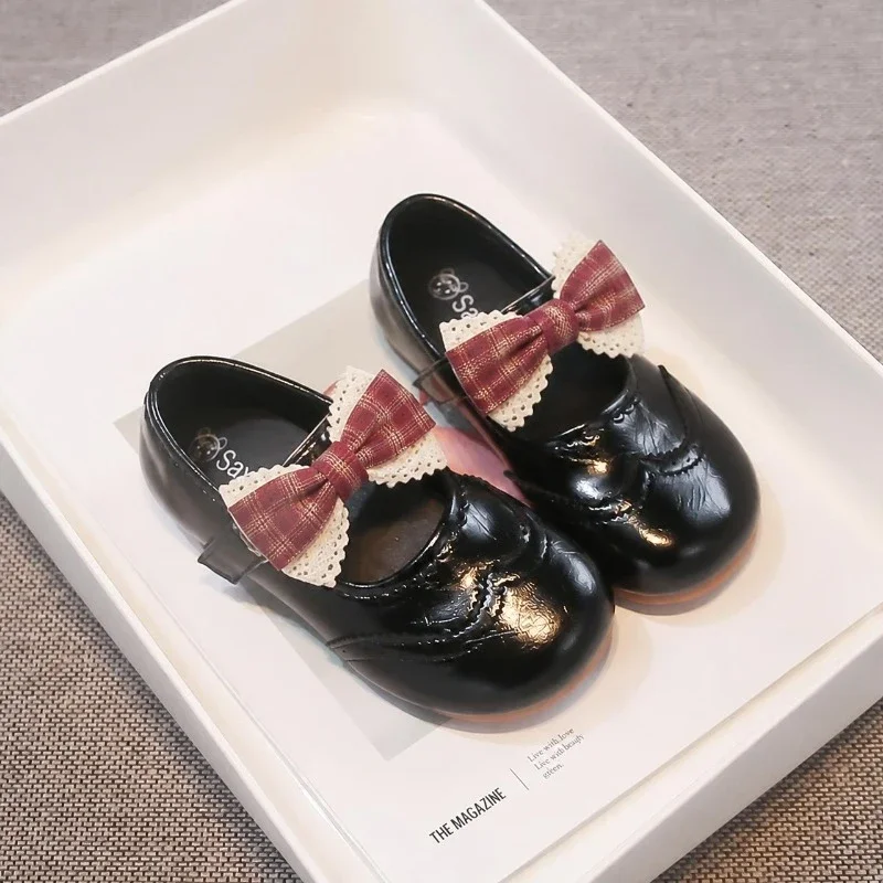 Toddler Girls Mary Jane Dress Shoes, Plaid Bow with Lace Trim, Soft Sole, Round Toe for Party Wedding and Daily Wea