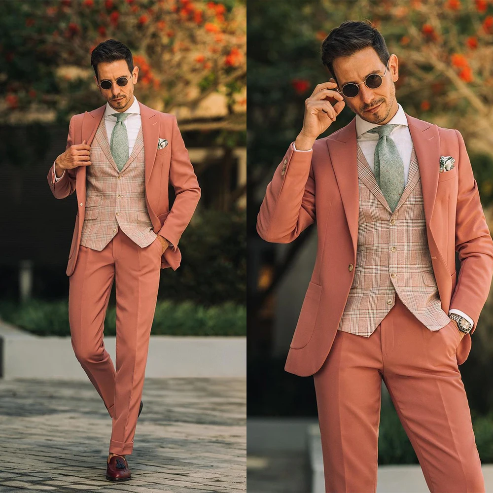 Coral Red Men Suit Tailor-Made 3 Pieces Blazer Plaid Vest Pants Tuxedo One Button Business Fashion Wedding Groom Prom Tailored