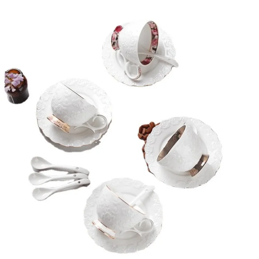 Embossed Flower Coffee Cups and Saucers with Golden Ceramic Cups with Cups Holding Milk Coffee Mugs Latte Flower Mugs 200ML