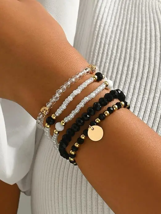 

5-Pack Beaded Bracelet Set, Layered Stackable Stretch Bracelets in Black White Gold, Dainty Boho Jewelry Gifts for Women