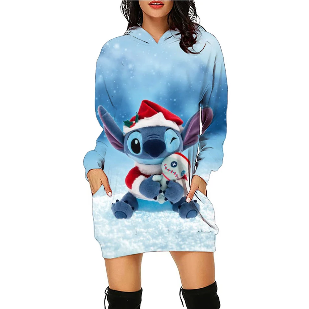 New Women\'s Disney Series Christmas Stitch Printed Pullover Sweatshirt Hooded Dress Casual Fashion Women\'s Clothing