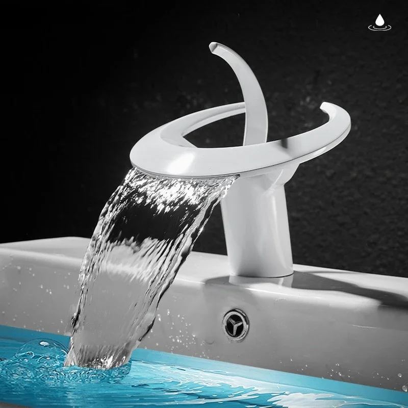 

Brass Waterfall Faucet Hot and Cold Water Tap Bathroom Single Handle Single Hole Deck Mounted Basin Mixer Faucet