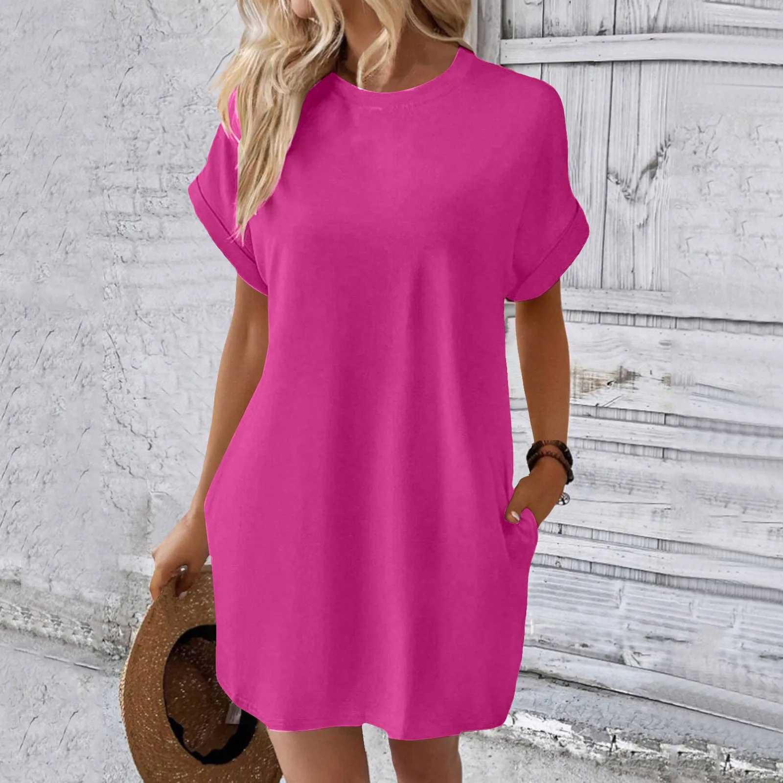 Soft Short Sleeve Casual T Shirt Dress Summer Loose Fit Solid Color Dress with Pockets Casual Round Neck Plain Dress Women