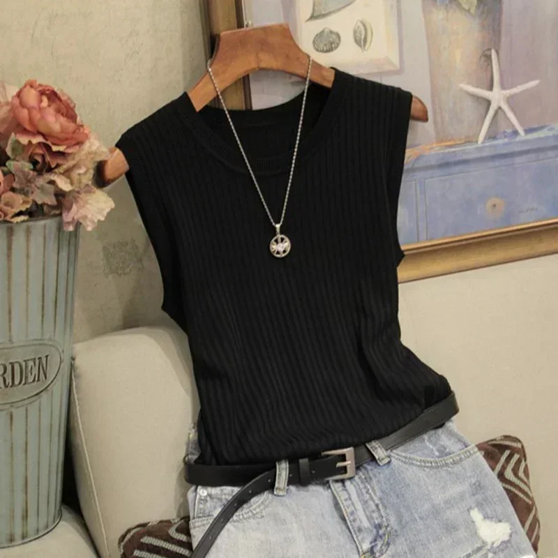 Fashion Woman Blouse 2024 Summer Sleeveless Blouse Women O-neck Knitted Blouse Shirt Women Clothes Womens Tops And Blouses C853