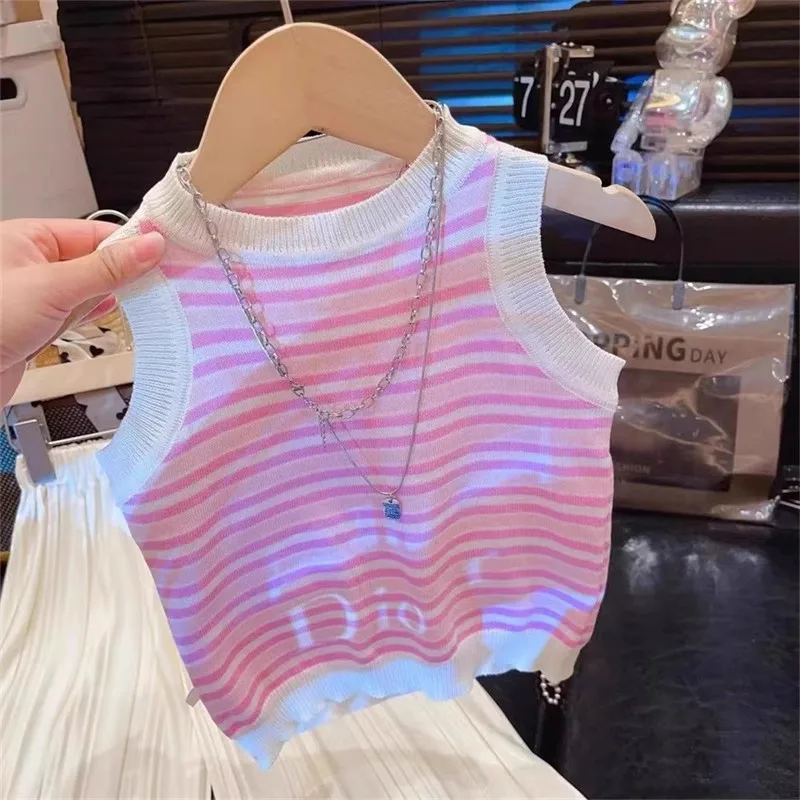 ZLYM-Girls' Summer Outfit New Stylish Striped Knitted Vest Children's Versatile Top Ice Pants Two-Piece Set