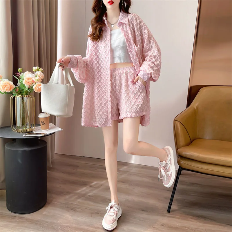 Medium Length Loose Large Sleeve Shirt + Shorts Women\'s Sunscreen Clothes 2023 Summer New Casual Two piece Set Fashion