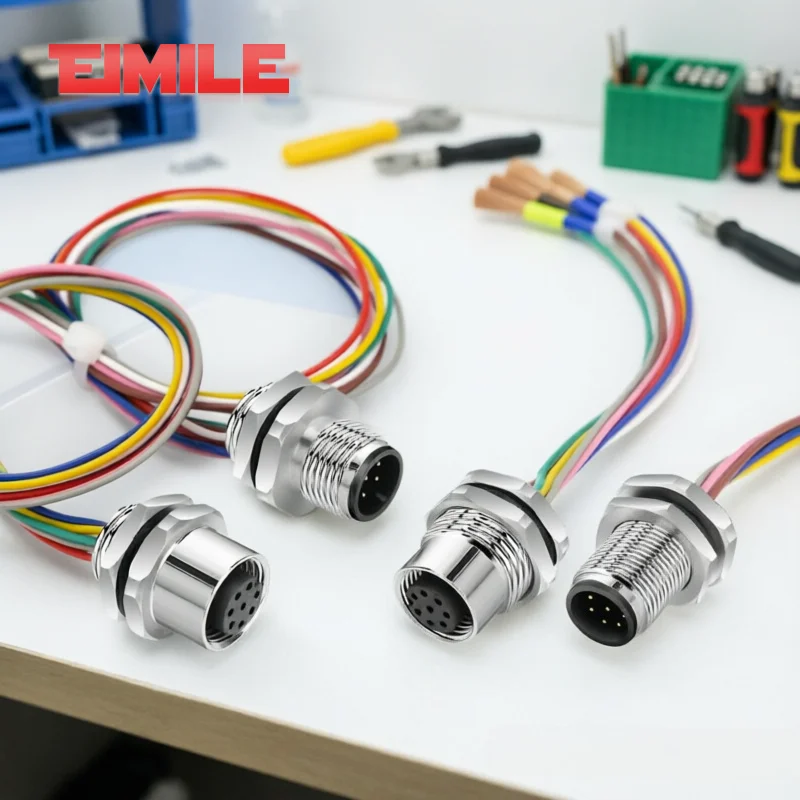 20CM M12 4P 5P 8Pin Waterproof Connector Cable Open Size 12MM/16MM Glued Integrated Panel Front/Rear Socket with 22AWG Line Cord